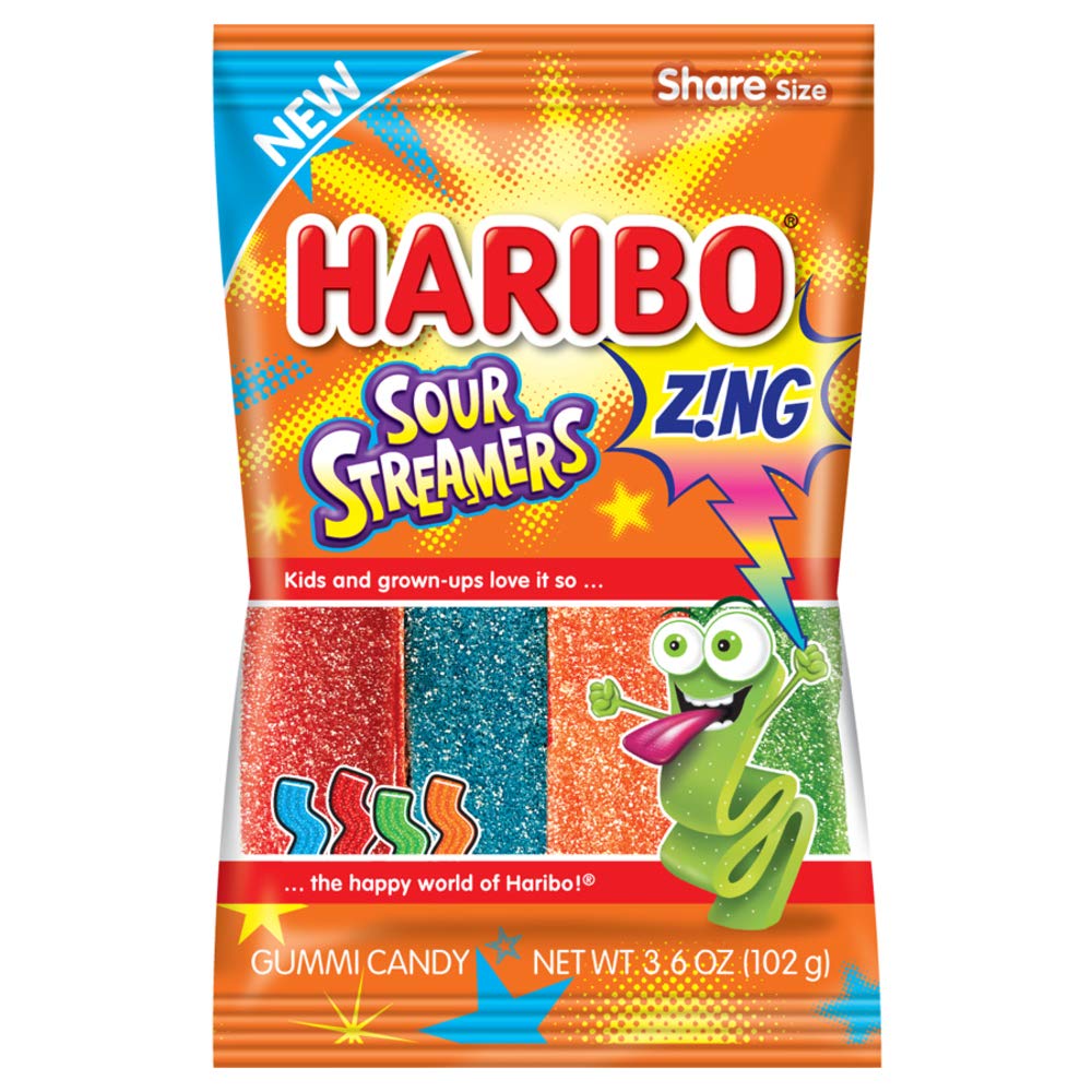 Haribo Z!NG Sour Streamers Chewy Gummi Candy, 3.6oz
