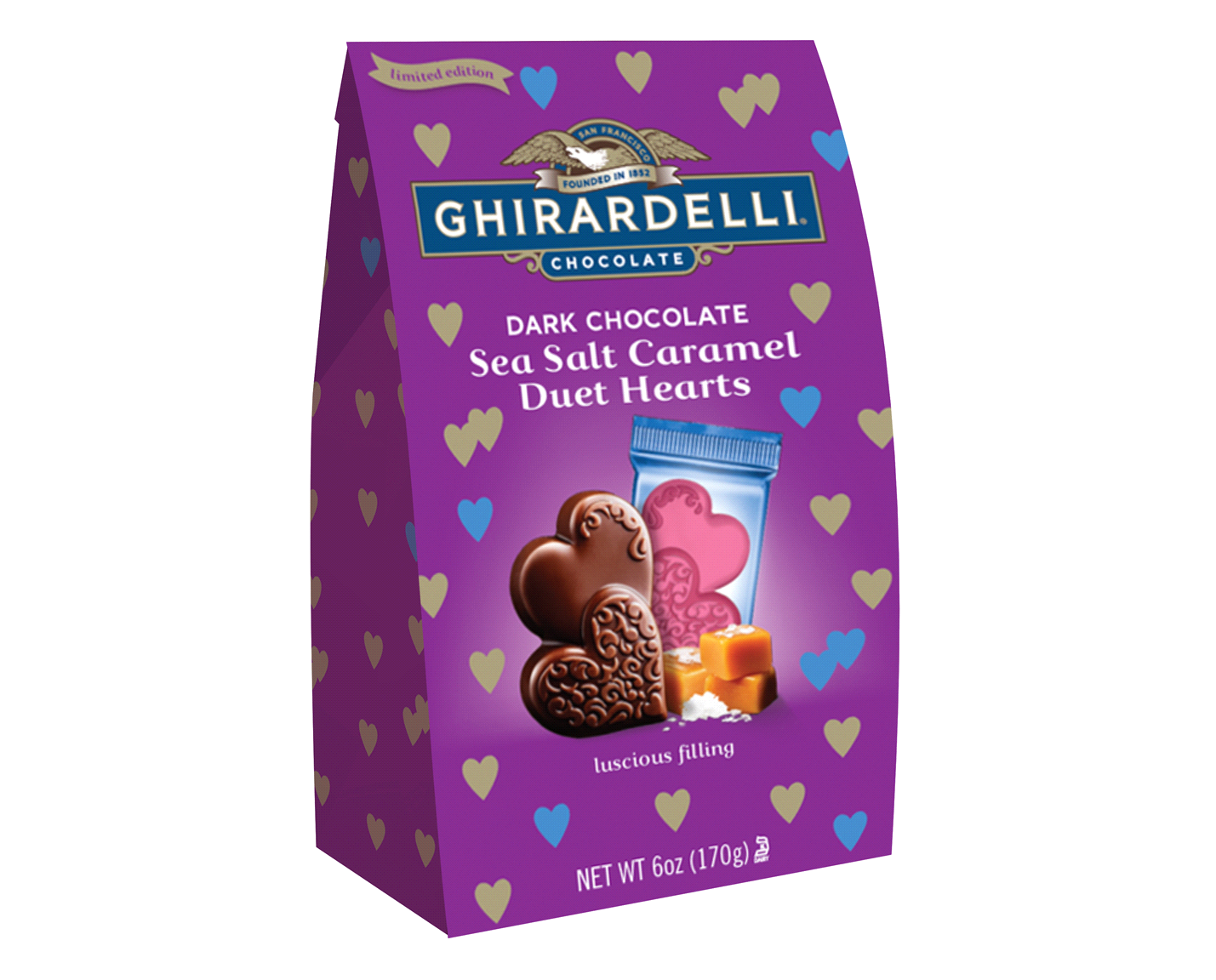Ghirardelli Valentine's Day Dark Chocolate Sea Salt Caramel Duet Hearts Bag, 6oz